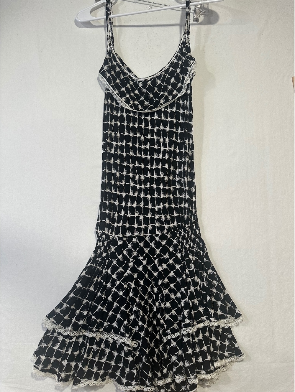 Poupette St Barth Black & White Printed Lace Trim Tiered Maxi Dress Size M